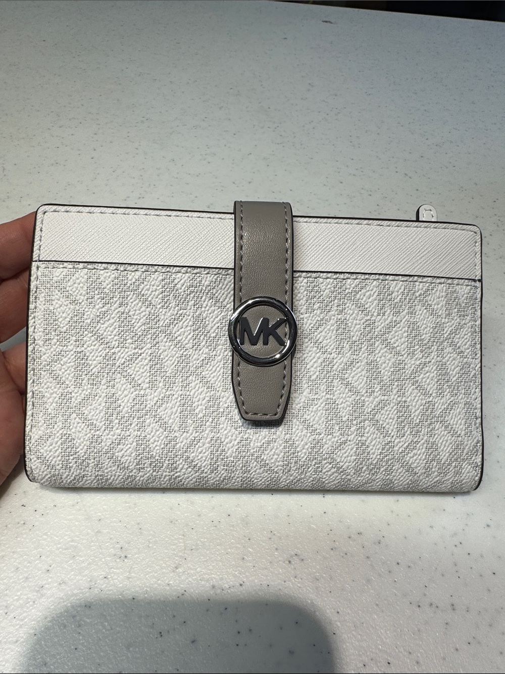 Michael Kors White Wallet with Taupe Strap and Silver MK Emblem
